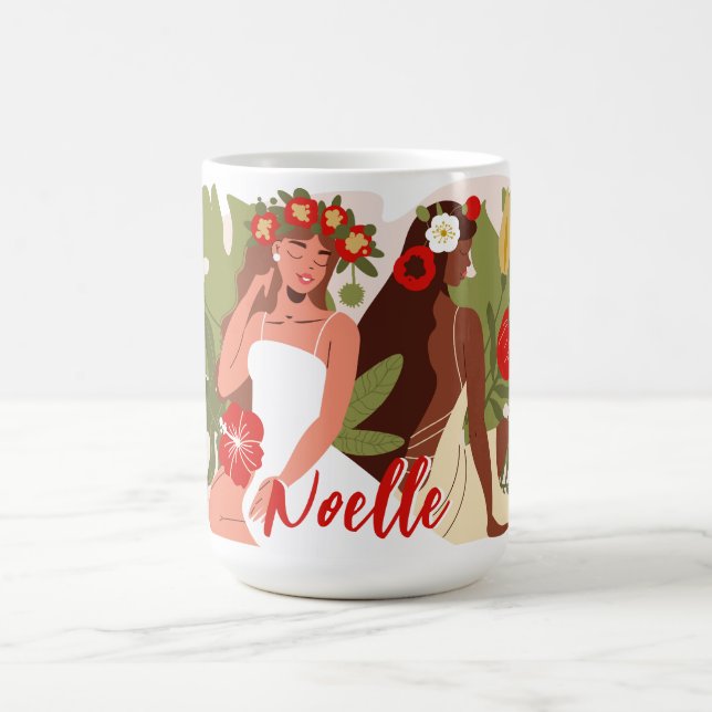 Frauen im Garten, rote Blume, grüne Folien Kaffeetasse (Mittel)