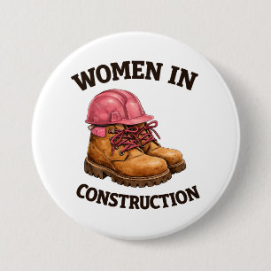 Frauen in Bauarbeitsstiefeln und Schutzhelm Button