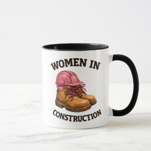 Frauen in Bauarbeitsstiefeln und Schutzhelm Tasse