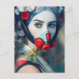 Frauen in einer Gasmaske und Blume Postkarte