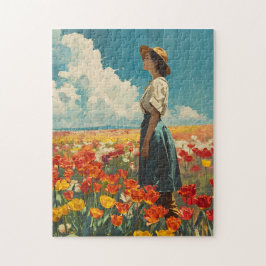 Frauen in farbenfrohen Tulip Field Vintag Puzzle