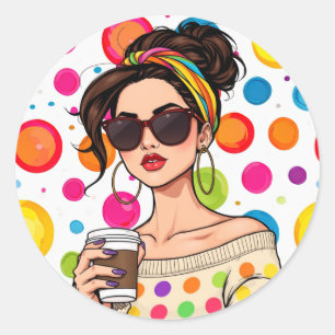 Frauen in LGBTQ Regenbogen Bandana mit Kaffee Runder Aufkleber