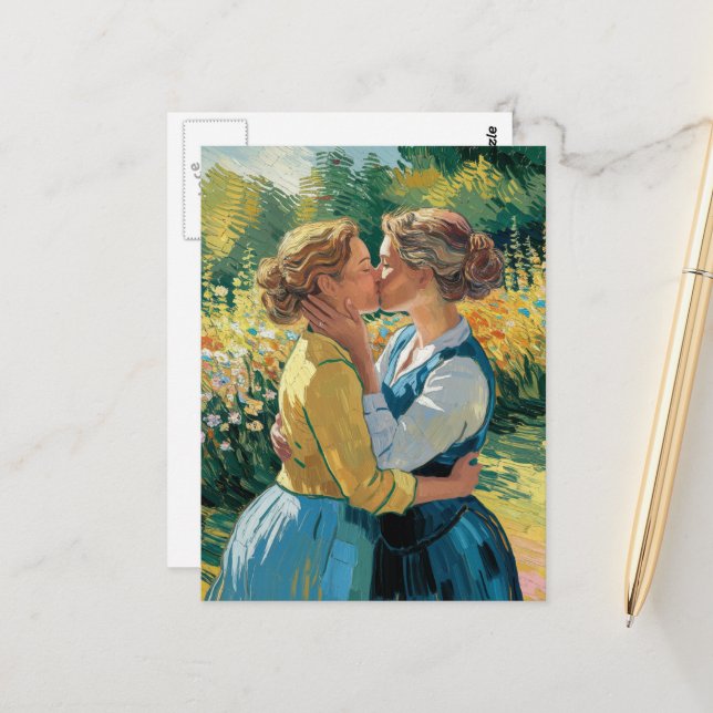 Frauen in Liebe Küssen im Garten Postkarte (Vorderseite/Rückseite Beispiel)