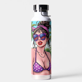 Frauen in Lila Bikini und Bandanna am Strand Trinkflasche