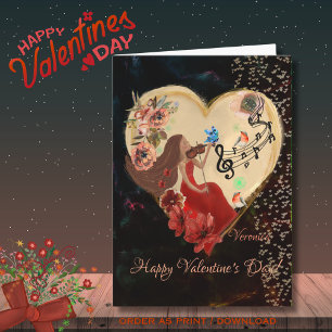 Frauen in Rotem Kleid spielen Geigerkarte Feiertagskarte