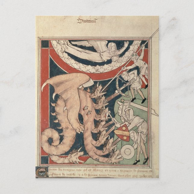 Frauen in Wolke über fünf Männer kämpfen Postkarte (Vorderseite)