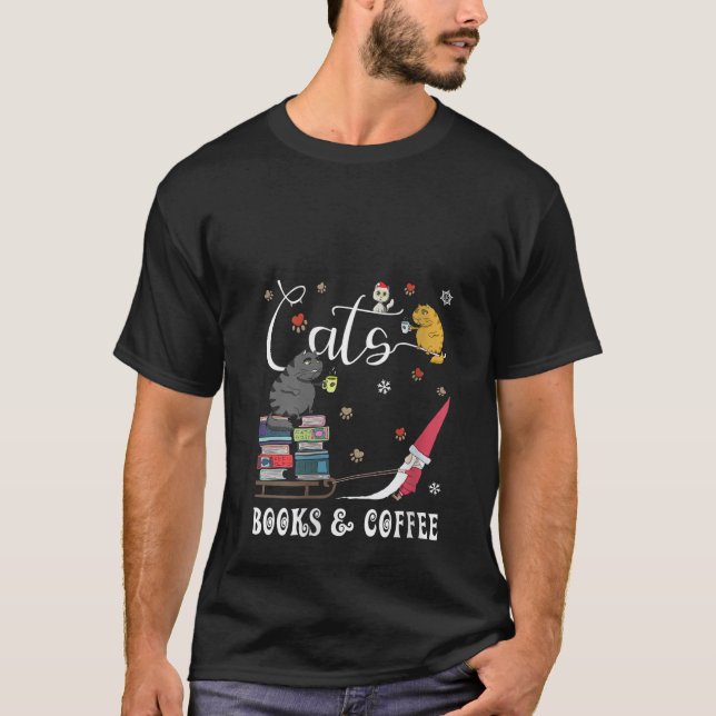 Frauen Katzen Bücher Kaffee Funny Gnome Kaffee Kaf T-Shirt (Vorderseite)