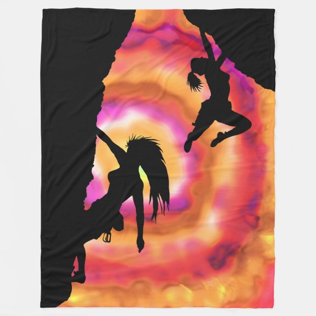 Frauen klettern in der Sonnenuntergangsdecke Fleecedecke (Vorderseite)