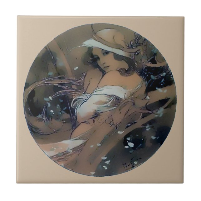 Frauen-Kunst Nouveau Mucha Winter Fliese (Vorderseite)