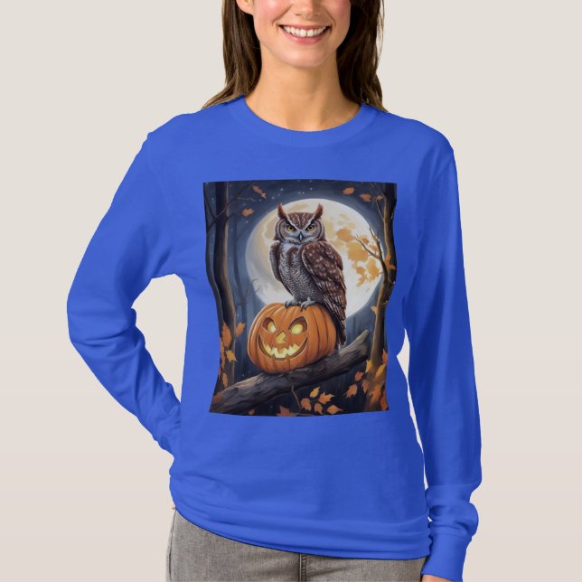 Frauen Langarm Halloween-Schreieule Jack Tee (Vorderseite)