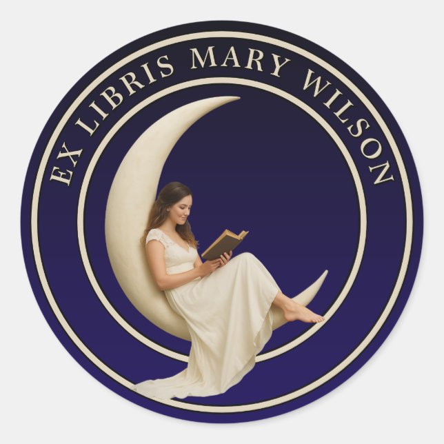 Frauen lesen auf dem Crescent Moon x Libris Templa Runder Aufkleber (Vorderseite)
