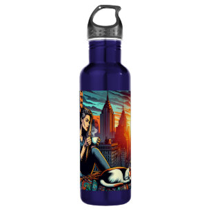 Frauen lesen im City-Fenster mit Cat und Kaffee Edelstahlflasche