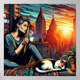 Frauen lesen im City-Fenster mit Cat und Kaffee Poster