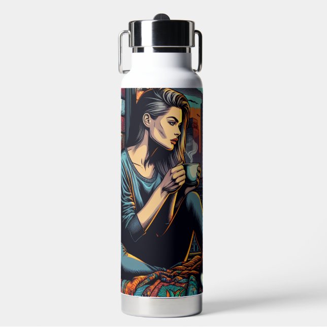 Frauen lesen im City-Fenster mit Cat und Kaffee Trinkflasche (Vorderseite)