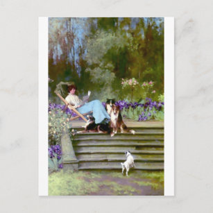 Frauen lesen mit Collie Hunden Postkarte