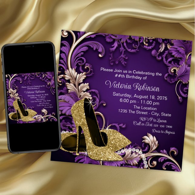 Frauen Lila Gold Shoe Geburtstagsparty Einladung (Purple gold shoe any event invitation. Instant download and printed invitations available.)