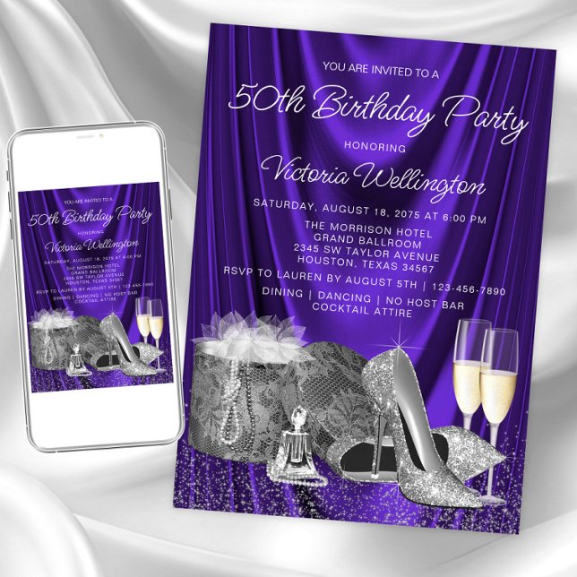 Frauen Lila Silberschuh Champagner Geburtstag Einladung (Womans purple silver any birthday invitation. Instant download and printed invitations available.)
