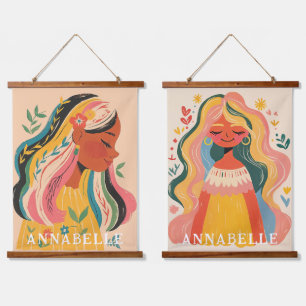 Frauen Mädchen Boho Blumen Illustration Vorname Wandteppich Mit Holzrahmen