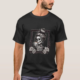 Frauen Messy Bun Skeleton Drink Kaffee Vintag T-Shirt