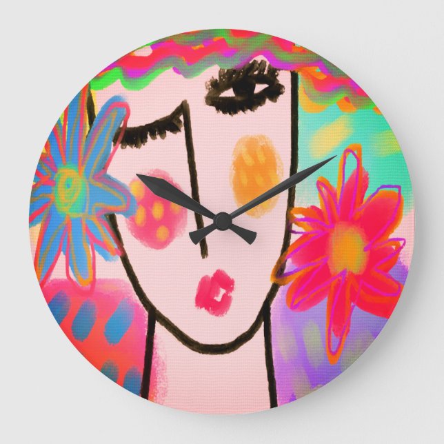 Frauen mit Blume Funky Abstrakt Art Große Wanduhr (Vorderseite)