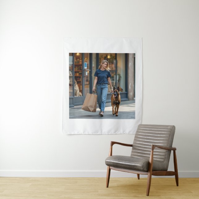 Frauen mit dunkelblauem runden Nackenbein-T - Shir Wandteppich (Beispiel)