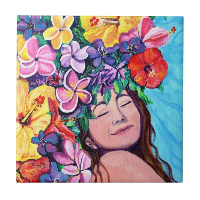 Frauen mit hawaiianischen Blume Keramik Tile Fliese (Vorderseite)