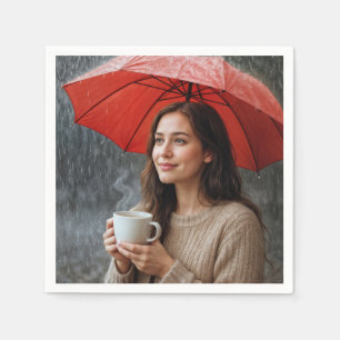 Frauen mit heißem Kaffee-Cup unter einem roten Sch Serviette
