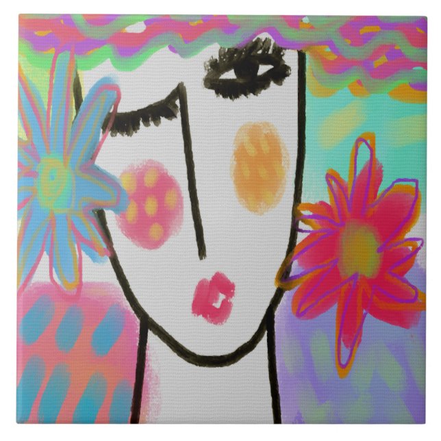 Frauen mit Sommerferien-Blume Fliese (Vorderseite)