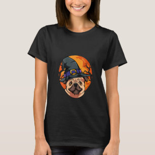 Frauen Mops Hexenhut Lustiger Halloween-Party-Kost T-Shirt