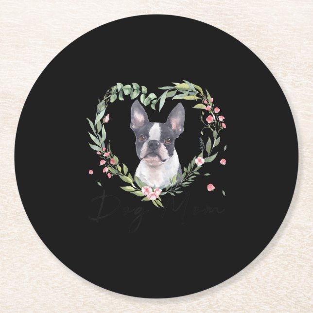 Frauen Niedlich Boston Terrier Mama Blume Dog Love Runder Pappuntersetzer (Vorderseite)