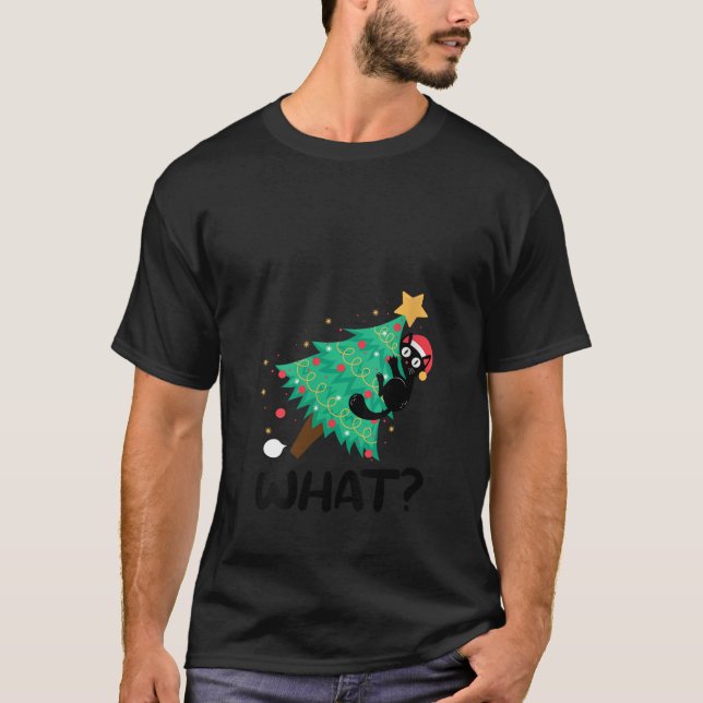 Frauen Niedliche schwarze Katze Pushing Christmas  T-Shirt (Vorderseite)