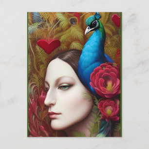 Frauen, Pfau, rote Blume und Herz Postkarte
