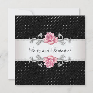 Frauen Pink Rose Black Polka Dot 40. Geburtstag Einladung