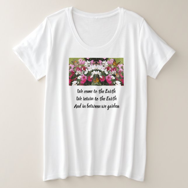 Frauen plus T-Shirt und dazwischen Garten (Design vorne)