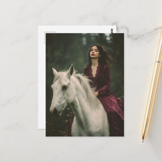 Frauen reiten ein Graupferd in einem Kleid ohne Br Postkarte (Vorderseite/Rückseite Beispiel)