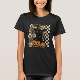 Frauen Retro Schwarze Katze Hexe Grusel Halloween  T-Shirt