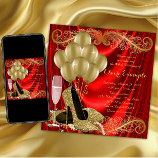 Frauen Rot und Gold Geburtstagsparty Glam Einladung