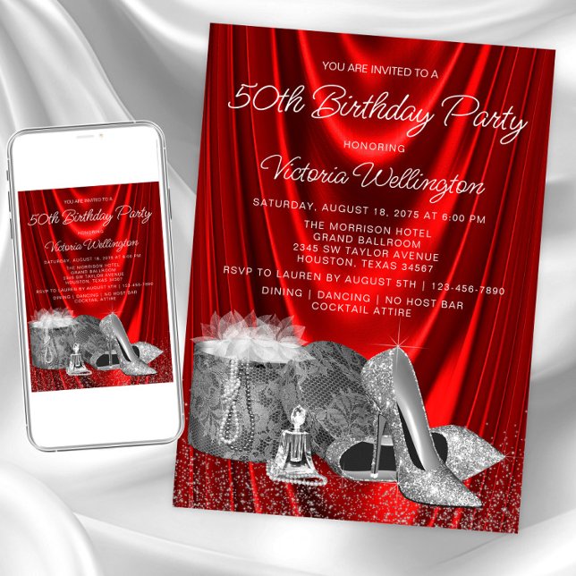 Frauen rotes Silberschuss irgendeine Zahl zum Gebu Einladung (Womans red silver any number birthday invitation. Instant download and printed invitations available)