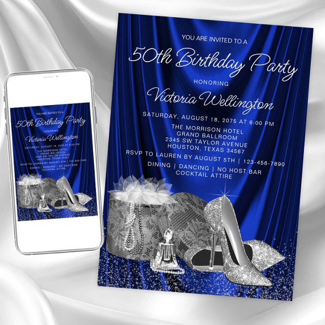 Frauen Royal Blue Silver Shoe beliebig Zahl Geburt Einladung (Royal blue silver any event invitation. Instant download and printed invitations available.)