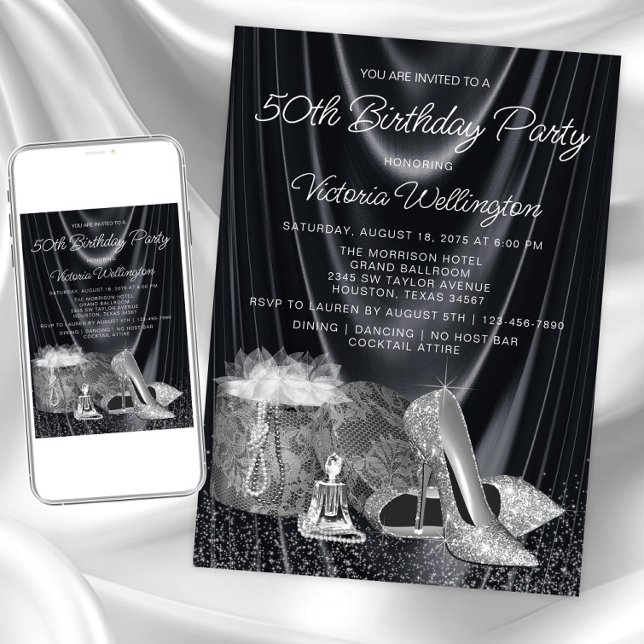 Frauen schwarzer Silberschuss irgendeine Zahl Gebu Einladung (Womans black silver birthday invitation. Instant download and printed invitations available.)