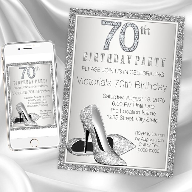 Frauen Silberner Glitzer High Heel Shoe 70. Geburt Einladung (Womans 70th birthday party invitation. Instant download and printed invitations available.)