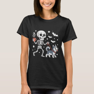 Frauen Skelett gehende Sibirische Husky-Hund Kaffe T-Shirt