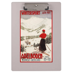 Frauen-Skifahrer, der Adelboden-Plakat übersieht Klemmbrett