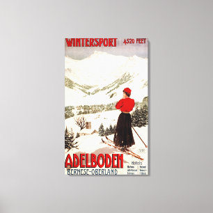 Frauen-Skifahrer, der Adelboden-Plakat übersieht Leinwanddruck
