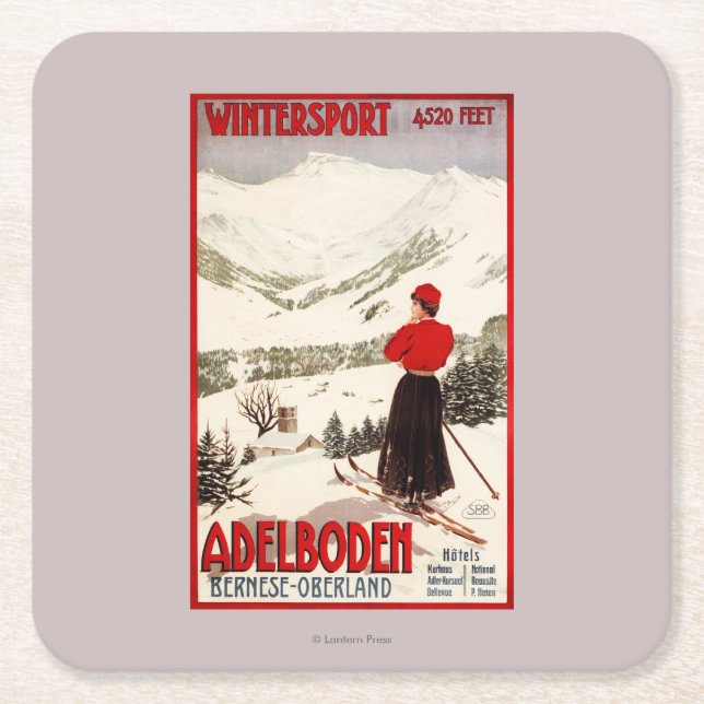 Frauen-Skifahrer, der Adelboden-Plakat übersieht Rechteckiger Pappuntersetzer (Vorderseite)