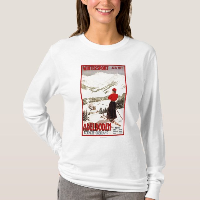 Frauen-Skifahrer, der Adelboden-Plakat übersieht T-Shirt (Vorderseite)