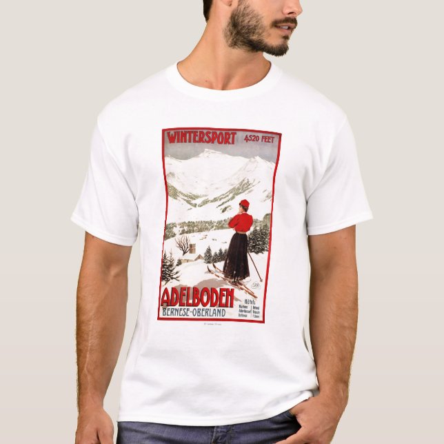 Frauen-Skifahrer, der Adelboden-Plakat übersieht T-Shirt (Vorderseite)