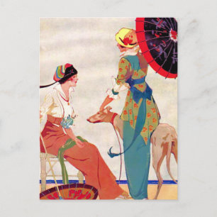 Frauen Sonnenschirme und Windhund Postkarte