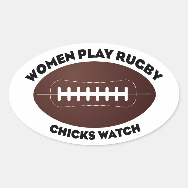 Frauen spielen Rugby, Hühner beobachten Ovaler Aufkleber (Vorderseite)
