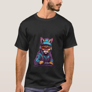 Frauen Techno DJ Katze Cyberpunk Musik Rave V-Auss T-Shirt